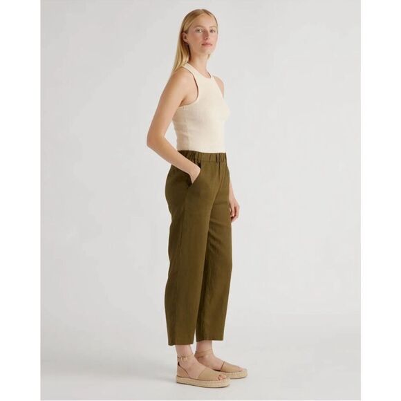 Quince 100% European Linen Cropped Pants NEW Size Medium Olive Green Pull on - Picture 2 of 10